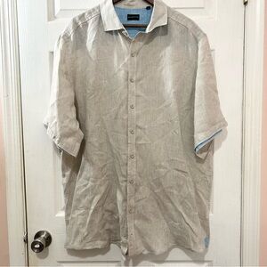 Rochester Men's Linen Beige Short-Sleeve Button-Up Shirt Light Blue Trim. Sz 1XL
